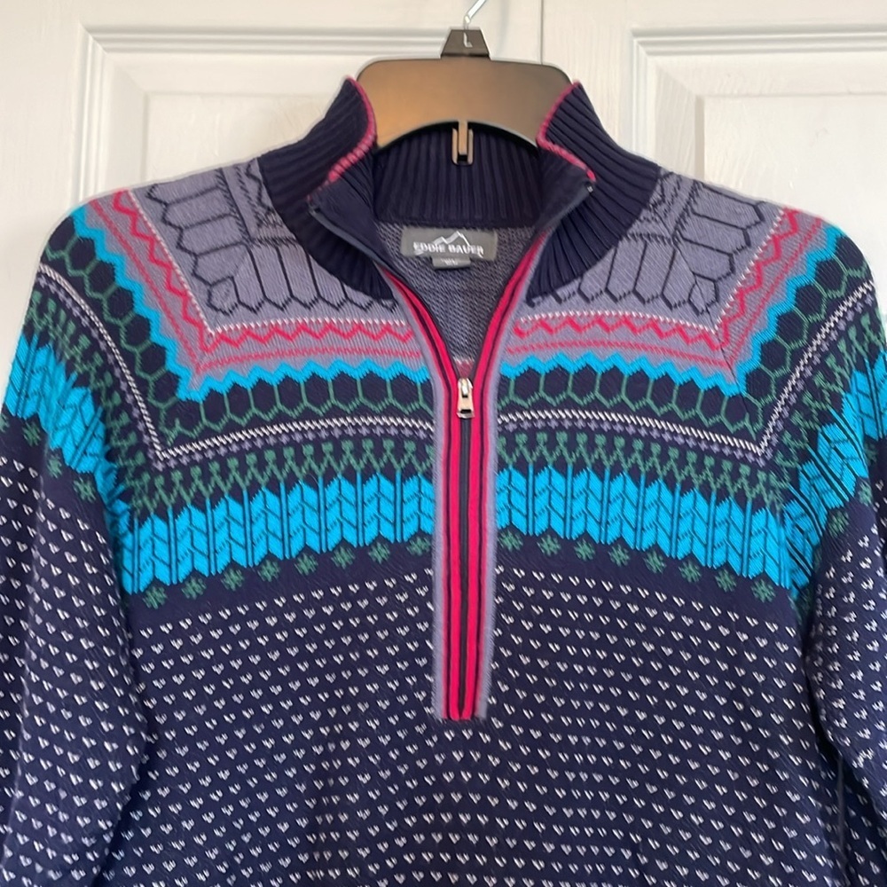 Women’s M Eddie Bauer half zip Fair Isle sweater Navy blue base colorful design